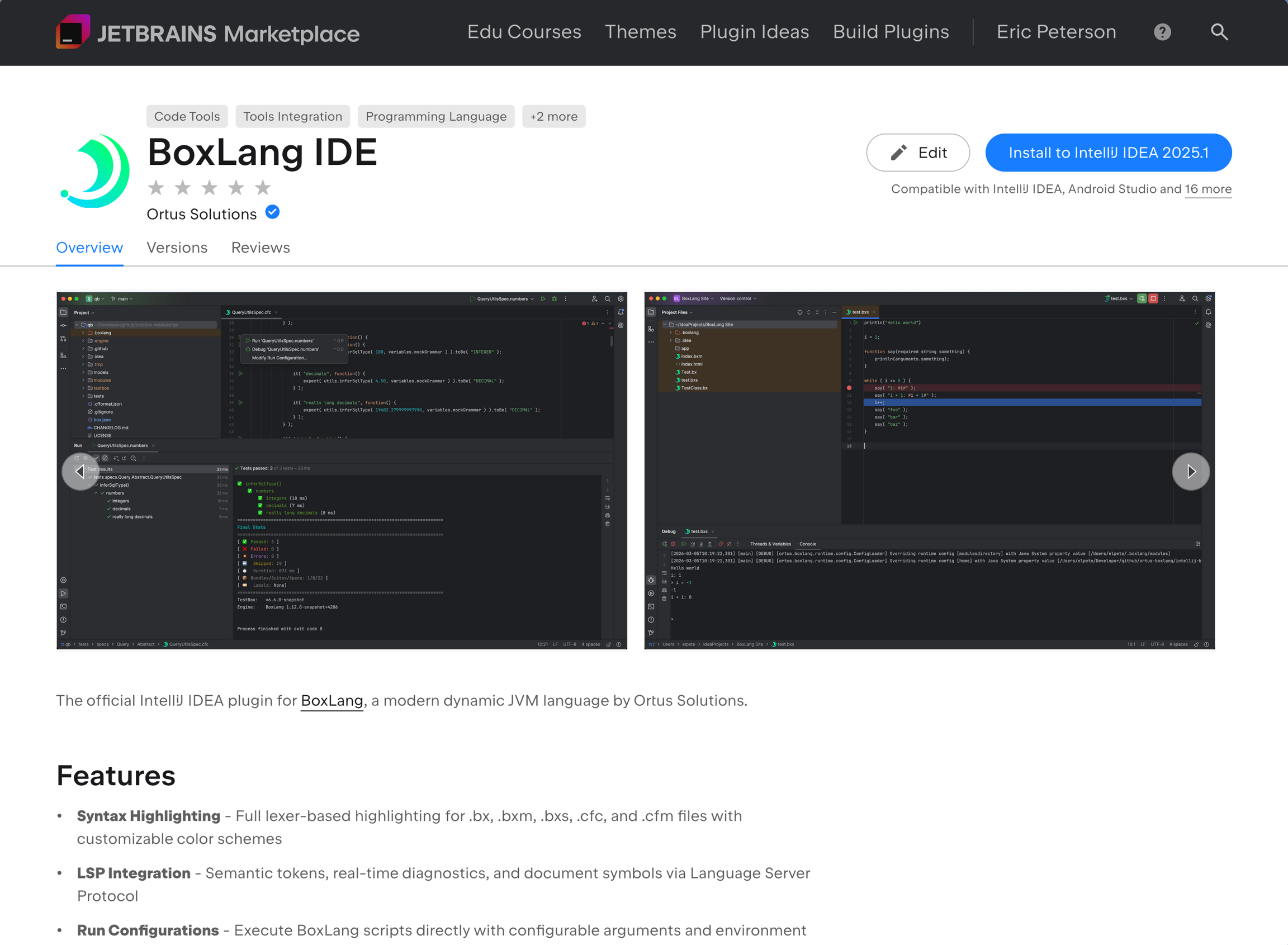 IntelliJ's plugin marketplace showing BoxLang IDE